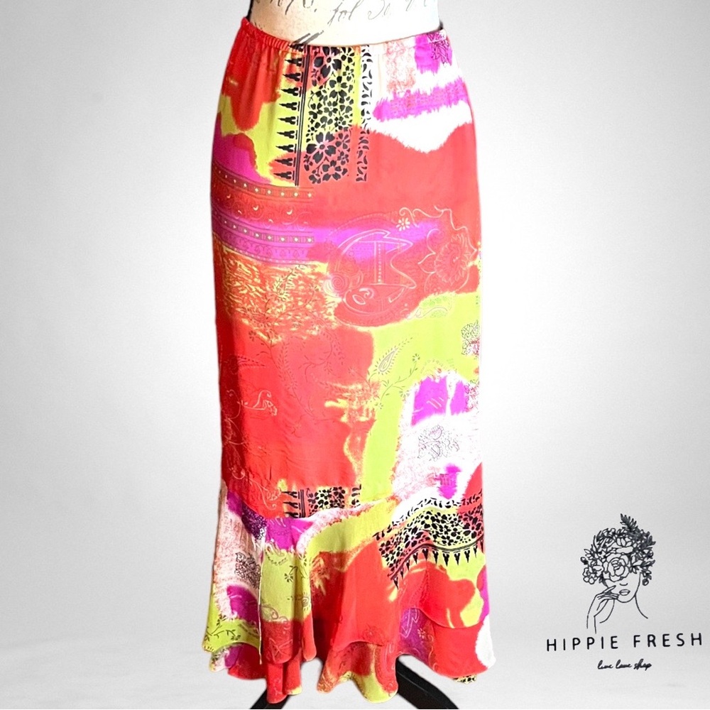100% Silk West End Vivid Abstract Print W Flutter Hem Fully Lined Skirt Size 10